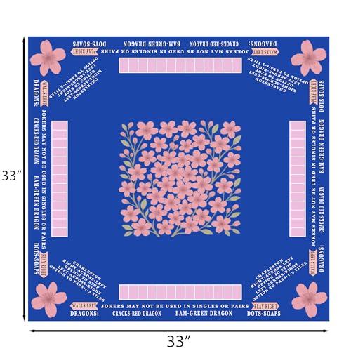 American Mahjong Mat with Rules Printed (33x33, 2.5mm Thick, Cherry Blossom Blue) Mahjong Mat for Table w/Bag, Crease-Proof Waterproof Non-Slip, Soft Mahjong Table Mat, Noise Reduction - color: Cherry Blossom Blue Mat