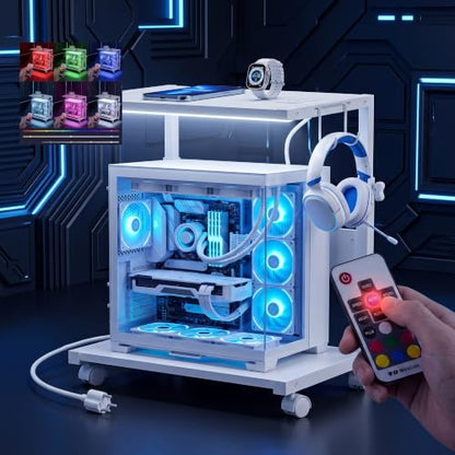 Height Adjustable PC Tower Stand with Charging Station | Computer Tower Stand with LED Light Strip,Mobile Rolling CPU Holder for Office Home - color: White, size: 19.29'' × 11.42'