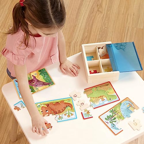B. toys Wooden Puzzles Pack o' Puzzles Pets & Dinos 2-Pack Set, 2 Pack | 8 wooden jigsaw puzzles in 2 storage boxes; 12 pieces each, pet and dinosaur themes, color-coded backs, 2 Pack; 3+ Years - style: 2 Pack