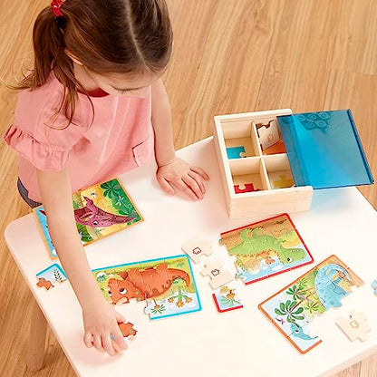 B. toys Wooden Puzzles Pack o' Puzzles Pets & Dinos 2-Pack Set, 2 Pack | 8 wooden jigsaw puzzles in 2 storage boxes; 12 pieces each, pet and dinosaur themes, color-coded backs, 2 Pack; 3+ Years - style: 2 Pack