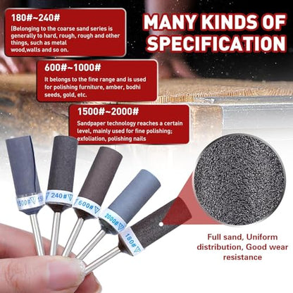 25Pcs Sanding Drums Sandpaper Sticks Set with 1/8"(3mm) Shank for Dremel Rotary Tool, 180/240/600/1000/1500/2000 Grits Different Meet More Needs for Metal Rust Removal/Jade Polishing/Stone Grinding - size: Mixed
