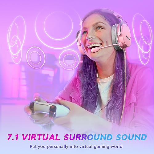 FIFINE USB Gaming Headset, PC Over-Ear Wired Streaming Headset with 3.5mm Jack, Detachable Microphone, 7.1 Surround Sound, Control Box, Passive Noise Cancellation, for PS5/Xbox/Switch-H9 Pink - color: Pink