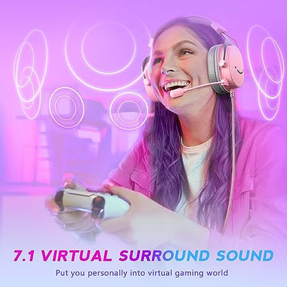 FIFINE USB Gaming Headset, PC Over-Ear Wired Streaming Headset with 3.5mm Jack, Detachable Microphone, 7.1 Surround Sound, Control Box, Passive Noise Cancellation, for PS5/Xbox/Switch-H9 Pink - color: Pink