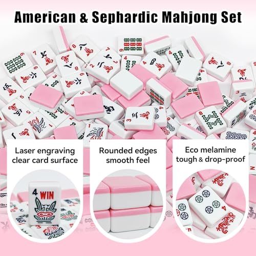 American Mahjong Tile Set, 166 Pink Mahjong Tiles with Carry Bag | 1.2-Inch Engraved Tiles, Melamine, Durable, Portable, with Mahjong Bag & 3 Dices for Travel, Family Game Nights, and Gifting - color: Pink