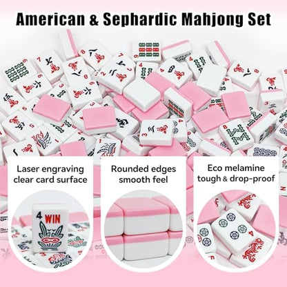 American Mahjong Tile Set, 166 Pink Mahjong Tiles with Carry Bag | 1.2-Inch Engraved Tiles, Melamine, Durable, Portable, with Mahjong Bag & 3 Dices for Travel, Family Game Nights, and Gifting - color: Pink