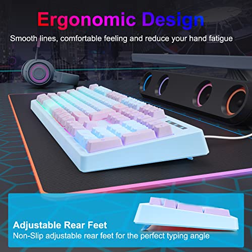HUO JI Gaming Keyboard USB Wired with Rainbow LED Backlit, Floating Keys, Mechanical Feeling, Spill Resistant, Ergonomic for Xbox, PS Series, Desktop, Computer, PC, Blue Purple - color: Blue/Purple