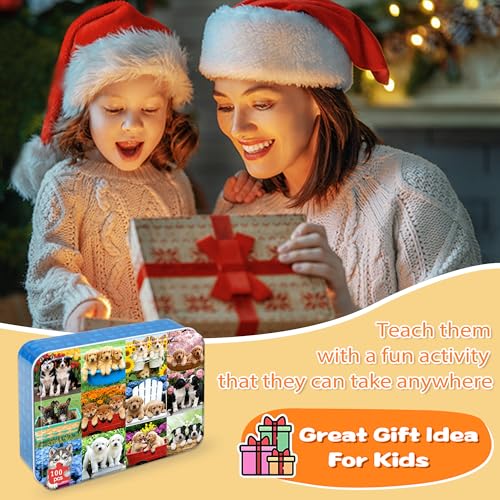 LELEMON Puzzles for Kids Ages 4-6,Cute Dogs 100 Piece Puzzles for Kids Ages 6-8 in a Metal Box,Educational Jigsaw Puzzles,Childrens 100 Piece Puzzle Games Puzzle Toys for Girls and Boys - color: Cute Dogs