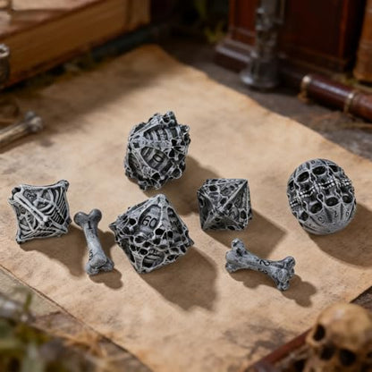 DND Dice Set, Features Skeleton Theme Dice Set, Resin Material, DND Starter Set, 7pcs Polyhedral Dice Set with Dice Bag, Role Playing Board Games Accessories, Grey
