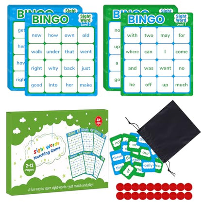 Sight Word Bingo Game, Learn to Read Vocabulary, Level 1 & Level 2 Bingo Board Game for Kindergarten, Preschool Learning Activities, Family Matching Games, Perfect for Classroom & Homeschool - style: Sight Words
