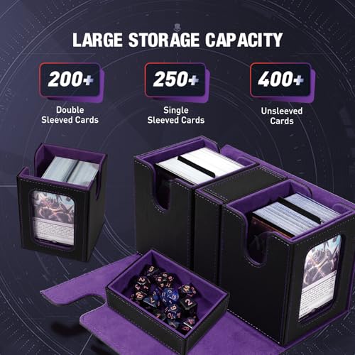 TiMOVO MTG Deck Box, Magnetic Trading Card Storage Case, Black+Purple | Holds 400+ Sleeveless Cards, 4 Dividers & Dice Tray, 2 Detachable Commander Card Deck Boxes, For Magic Game Cards - color: Black & Purple
