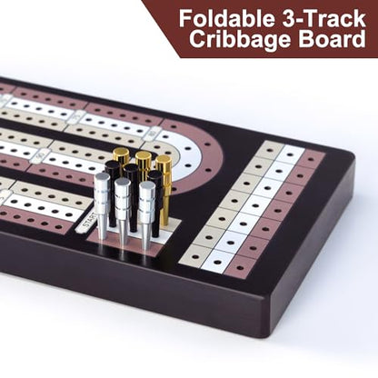 Cribbage Board Game Set - Wooden Foldable 3-Track Board with Magnetic Closure, 9 Metal Pegs, Playing Cards, Portable Family Travel Game for Gatherings and Gifts