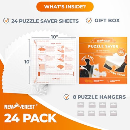Newverest 24-Pack Puzzle Glue Sheets 10×10″ – Preserve & Display 4 × 1000-Piece Jigsaw Puzzles – Peel & Stick Puzzle Saver with 8 Adhesive Hangers – No Glue, No Mess, Ships Flat, Gift-Ready Box - color: Pack of 24