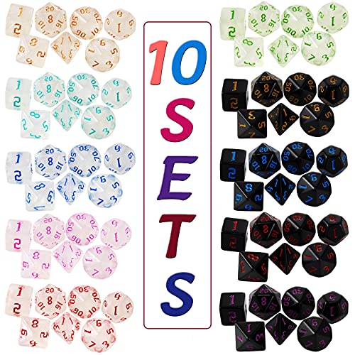Polyhedral Dice Set, 70 Pcs DND Dice with 10 Pouche | for Dungeons and Dragons DND RPG MTG Table Gams D4 D6 D8 D10 D%D12 D20 - color: 10sets-70pcs