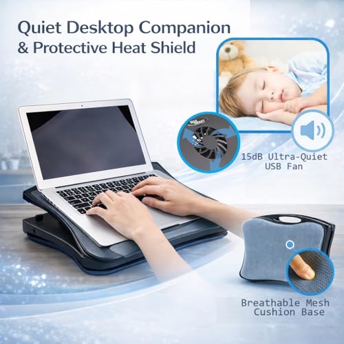 MAX SMART Laptop Lap Pad Laptop Stand with Attached Mouse Pad, Cushion and USB Cooling Fan, Non-Slip Heat Shield Tablet Computer Stand for Sturdy Work Station for Home, Office, Bed Sofa, Couch and Car