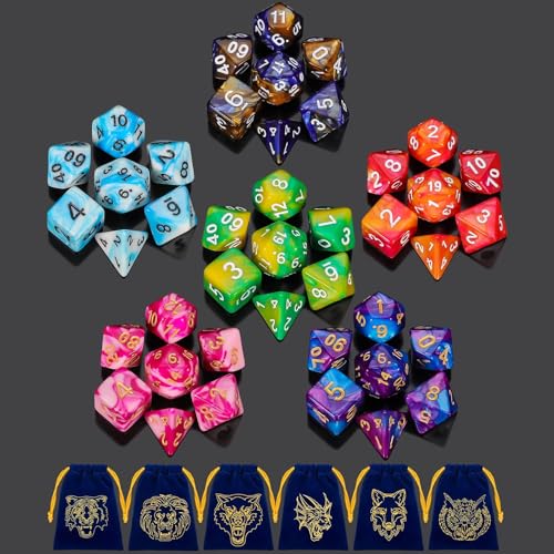 DND Dice Set - QMay 42pcs Polyhedral Dice, 6 Complete Double-Colors D&D Dice Sets with 6 Blue Drawstring Bags for Dungeons and Dragons RPG MTG Table Games - color: 6 Sets-42pcs(blue Bag)