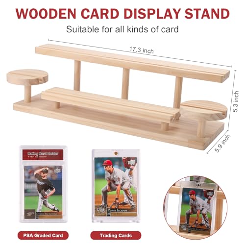 Wooden Trading Card Display Stand, 3-Tier Card Holder for Graded, Sports and TCG Cards, Tabletop Display Holder, Rustic Solid Wood Shelf Stand for Basketball Football Hockey(Wood Grain)