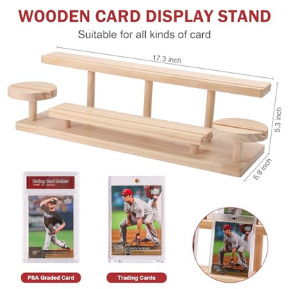 Wooden Trading Card Display Stand, 3-Tier Card Holder for Graded, Sports and TCG Cards, Tabletop Display Holder, Rustic Solid Wood Shelf Stand for Basketball Football Hockey(Wood Grain)