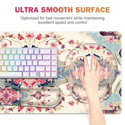 Gaming Mouse Pad, Large Desk Mat Cute Desk Pad Protector, 4in1 XXL Mousepad | + Keyboard Wrist Rest+Mouse Wrist Rest+Coaster Set with Ergonomic Desk Pad for Home Office Computer, Retro Style Pattern - color: Retro Style Pattern