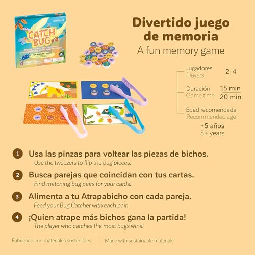 Miniland Board Game for Kids +5, Develops Fine Motor Skills, Come with Wooden Bugs, Tweezers and Game Boards, Children Memory and Pincer Grasp | Catch The Bug - color: Catch the Bug