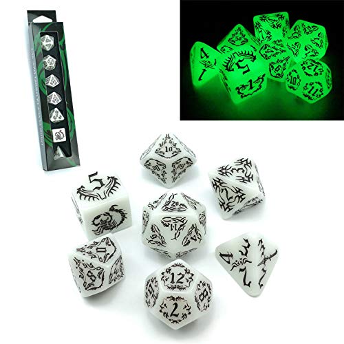 BESCON Dark Elves Glowing Dice Set (7 piece), Oversized Glow in Dark Carved Role Playing Games RPG Dice Set - color: Dark Elves