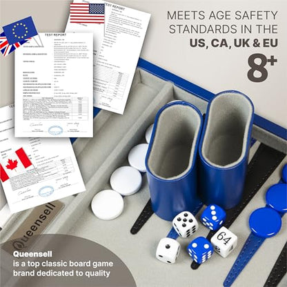 Large Blue Backgammon Sets for Adults - Classic Board Games for 2 Players Adults and Kids - Premium Backgammon Set 15 Inch Board and 32 Backgammon Pieces in Quality PU Leather Case - style: Premium Blue