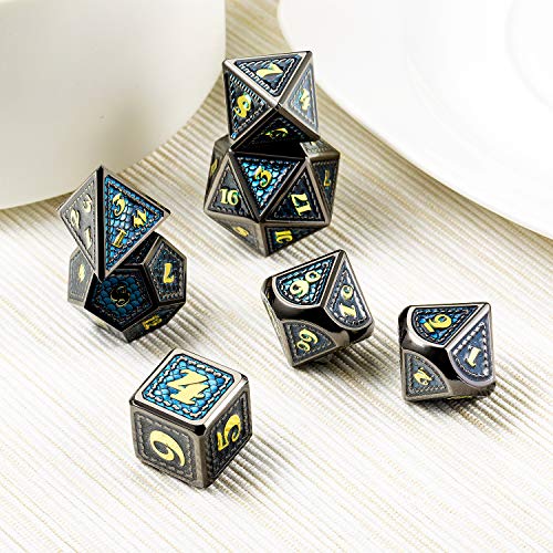 DNDND Metal Dice, 7 PCS Dragon Scale Metallic DND Die with Gift Metal Case for Dungeons & Dragons D&D (Teal with Black Edge) - color: Teal With Black Edge