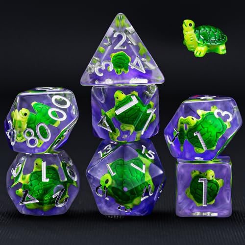 DND Resin Tortoise Dice Set, D&D Polyhedral Dice for Dungeons and Dragons RPG, MTG Role Playing Games D and D Dice 7pcs D20 D12 D10 D8 D6 D4 - color: Green Tortoise