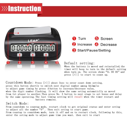 LEAP Chess Clock Digital Chess Timer Professional for Board Games Players Count Up/Down Timer with Alarm Function Black (Official Store)