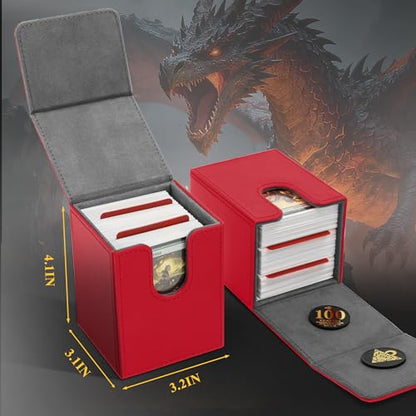 UAONO Card Deck Box for Yugioh MTG Cards, 100+ Deck Case with 2 Dividers Fits TCG CCG, PU Leather Card Storage Box Compatible with Collectible Trading Cards (Red, Extinction Dragon) - color: B-Red