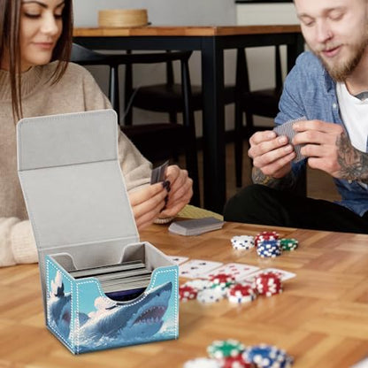 Commander Deck Box for Trading Cards - Fits 100+ Double Sleeved Cards, PU Leather MTG TCG Storage Case with Strong Magnetic Closure, Cat and Mechanical Shark - color: Cat and Mechanical Shark
