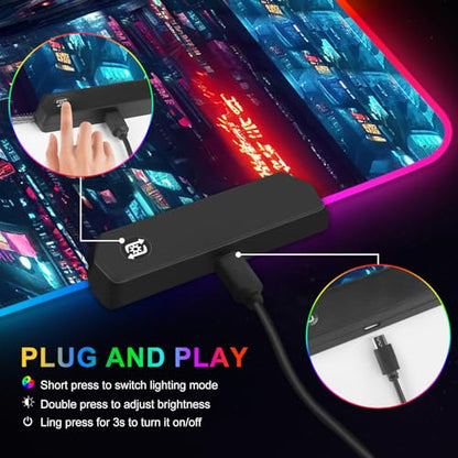 RGB Gaming Mouse Pad Large, Extended Soft Led Mouse Pad with 14 Lighting Modes 2 Brightness, Water Resist Keyboard Pad, Computer Mousepads Mat 35.4x15.7inch, Night City - color: Night City