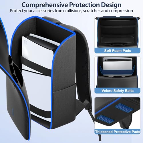 LVVIL PS5/ Slim/ Pro Console Backpack, Full Protection Carrying Case, Large Capacity Storage Bag, Dual Controllers, PS Portal, Laptop, Game Cards, 3 Cable Pouch, Ocean Blue - color: Ocean Blue