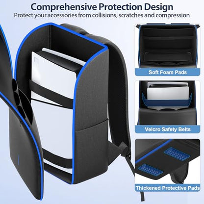 LVVIL PS5/ Slim/ Pro Console Backpack, Full Protection Carrying Case, Large Capacity Storage Bag, Dual Controllers, PS Portal, Laptop, Game Cards, 3 Cable Pouch, Ocean Blue - color: Ocean Blue