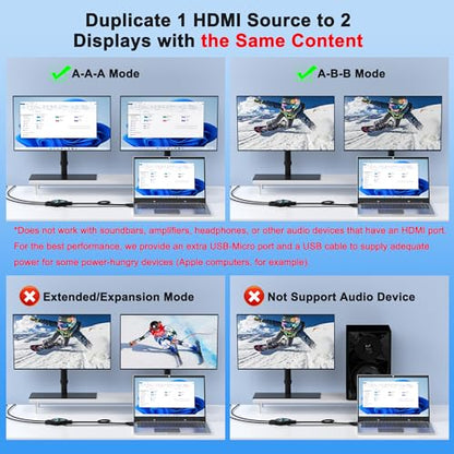 HDMI Splitter 1x2, 4K@60Hz HDMI 2.0 Splitter 1 in 2 Out for Dual Monitors, 1 Source to 2 Displays, Supports 18Gbps High Speed, HDCP 2.2, 3D, HDR, Compatible for Projector/TV/Monitor.
