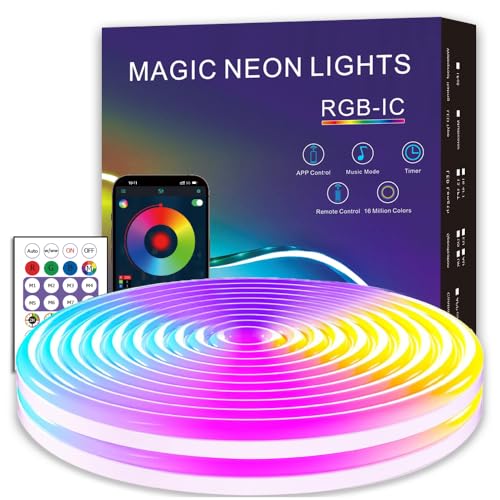 16.4ft LED Neon Rope Lights, RGB Plus IC Strip Lights, IP68 Waterproof Flexible Rope Light with APP and Remote Control, Dimmable Neon Strip for Gaming Room Living Room Bedroom Indoor Outdoor Decor
