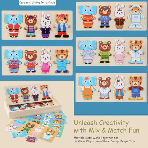 Wooden Bear Family Dress-up Puzzle Box for Toddlers(60pcs),Change Clothes Puzzle Games, Preschool Learning Activities Toys for Kids Ages 3+ - color: Mixed