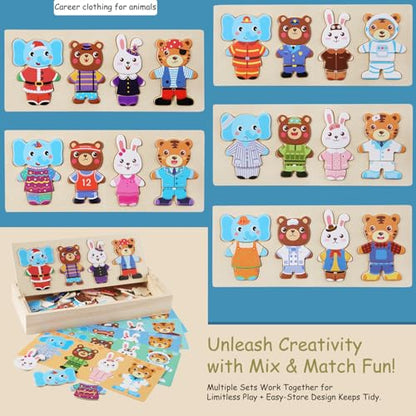 Wooden Bear Family Dress-up Puzzle Box for Toddlers(60pcs),Change Clothes Puzzle Games, Preschool Learning Activities Toys for Kids Ages 3+ - color: Mixed