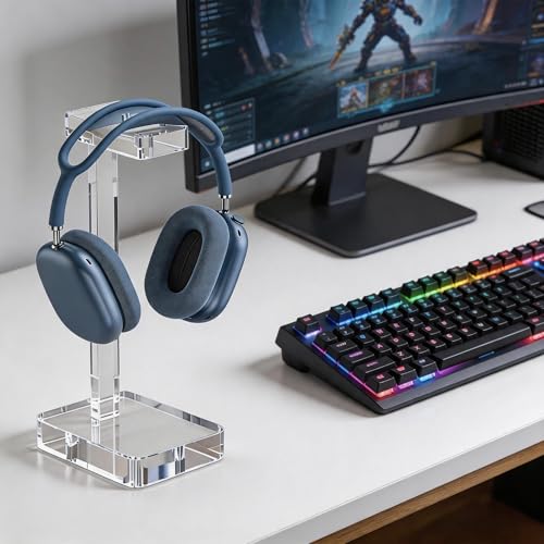 Clear Acrylic Headphone Stand for Desk, Solid One-Piece Headset Holder, Stable Non-Slip Base, Universal Headphone Hanger for Gaming Setup, Office Desk & Home Organization - color: Clear