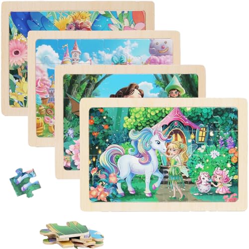 4 Sets of Wooden Puzzles, Each Set has 24 Pieces, Including Castle Unicorn Princess, for Toddlers 3-5, Puzzles for Kids Ages 4-6, Preschool Educational Brain Teaser Toys for Girls 3 4 5 6 Years Old. - color: Pink Princess