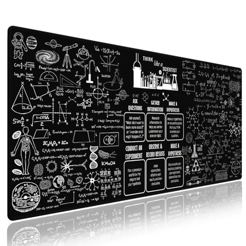 Science STEM Large Black Mouse Pad, Scientific Method Chart Doodle Desk Mat | Physics Chemistry Biology Math Formulas, Inspirational Quote White, Science Teacher, 31.5" x 11.8", Stitched Keyboard Mat - color: Science & Education Formulas