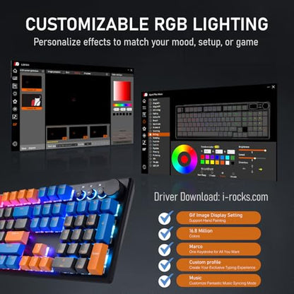 iRocks K74R Wireless RGB Illuminated Mechanical Gaming Keyboard, Hot-Swappable Switches, Floating Design, PBT 107 Keys NKRO, Detachable USB-C Cable - Midsummer Black (Brown Switches) - color: Midsummer Black, size: Brown Switches