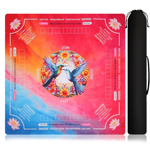 Mahjong Mat for Table with Storage Bag Stunning Design Mahjong Gift for Men Women Husband Wife Keep Tiles in Place Easy Clean Quieter for Family Poker Card Game Night (Red with Hummingbird) - color: Red With Hummingbird