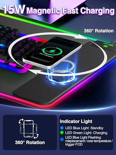 XXL RGB Gaming Mouse Pad with 15W Magnetic Wireless Charger | 31.5'' x 15.8'' Extra Large LED Desk Mat, 24 Light Effects, Non-Slip Rubber Base, Waterproof Easy Gliding Surface - color: RGB-Magnetic Right Charger-31.5"x15.8"