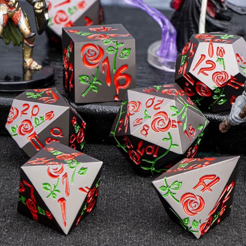 Gothic DND Dice Set Bleeding Rose Metal D and D Dice for use with Dungeons Dragons D&D Role Playing Game, Red RPG Blood Polyhedral Dice Set D20 D12 D10 D8 D6 D4 - color: Red&black&red Numbers