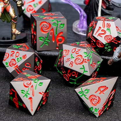 Gothic DND Dice Set Bleeding Rose Metal D and D Dice for use with Dungeons Dragons D&D Role Playing Game, Red RPG Blood Polyhedral Dice Set D20 D12 D10 D8 D6 D4 - color: Red&black&red Numbers