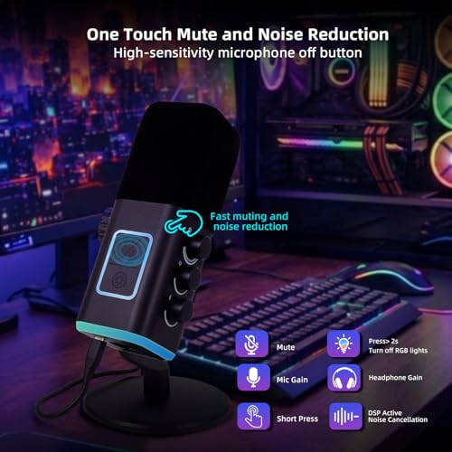 VCOM XLR/USB Gaming Microphone for PC,Dynamic Computer Mic for Streaming Podcasting,RGB Light, Mute Button, Headphones Jack, Desktop Stand, Vocal Mic for Singing YouTube TikTok Streaming