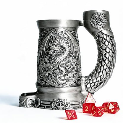 Dice Tower Mug, Dice Rolling Tower, Comes with 7 PCS Dice Set, Suitable for DND Dungeons and Dragons, Tabletop Games, Available As Drink Holder, D&D Gifts, DND Accessories (Silver-Dragon) - color: Silver-dragon