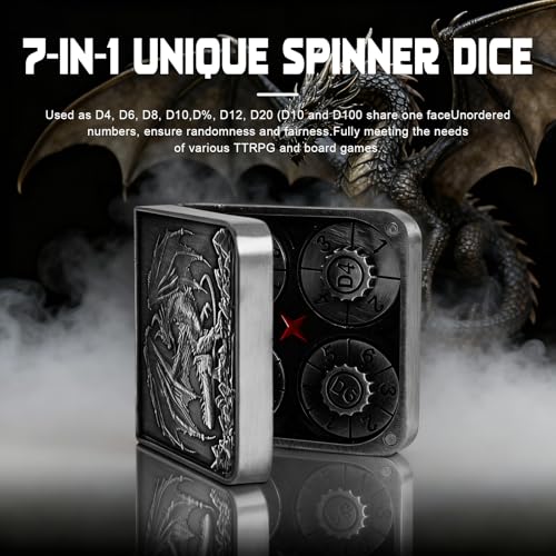 7-in-1 DND Pocket Spinner Dice Set, Foldable Flip Dice with Delicate Dragon Iron Box, Compact Dice Set for DND Role-Playing Games Fans (Silver) - color: Silver