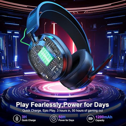 Vakedy Wireless Gaming Headset with Mic for PS5, PS4, PC, Switch, Mac, 2.4GHz & BT Gaming Headphones, 50H Battery, 24ms Low Latency for Fortnite & Call of Duty/FPS Gamers, RGB Lights, Black | 2.4GHz & BT Gaming Headphones, 50H Battery and Noise Canceling