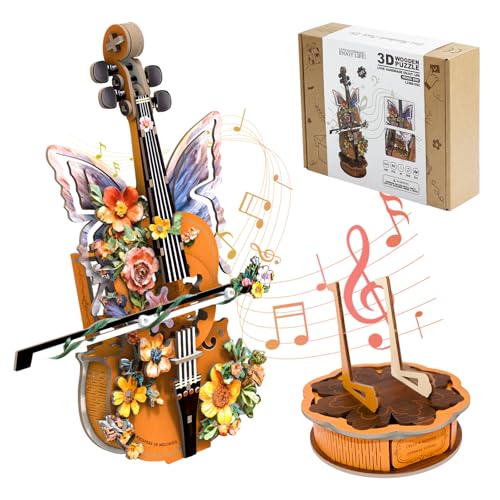 3D Wooden Puzzles for Adults, Cello Music Box - Wood Model Kits for Adults, Mechanical Wooden Puzzles for Adults, Musical Instrument Model Desk Decor, Unique Mother's Day & Graduation Gifts for Music - color: Flower Cello